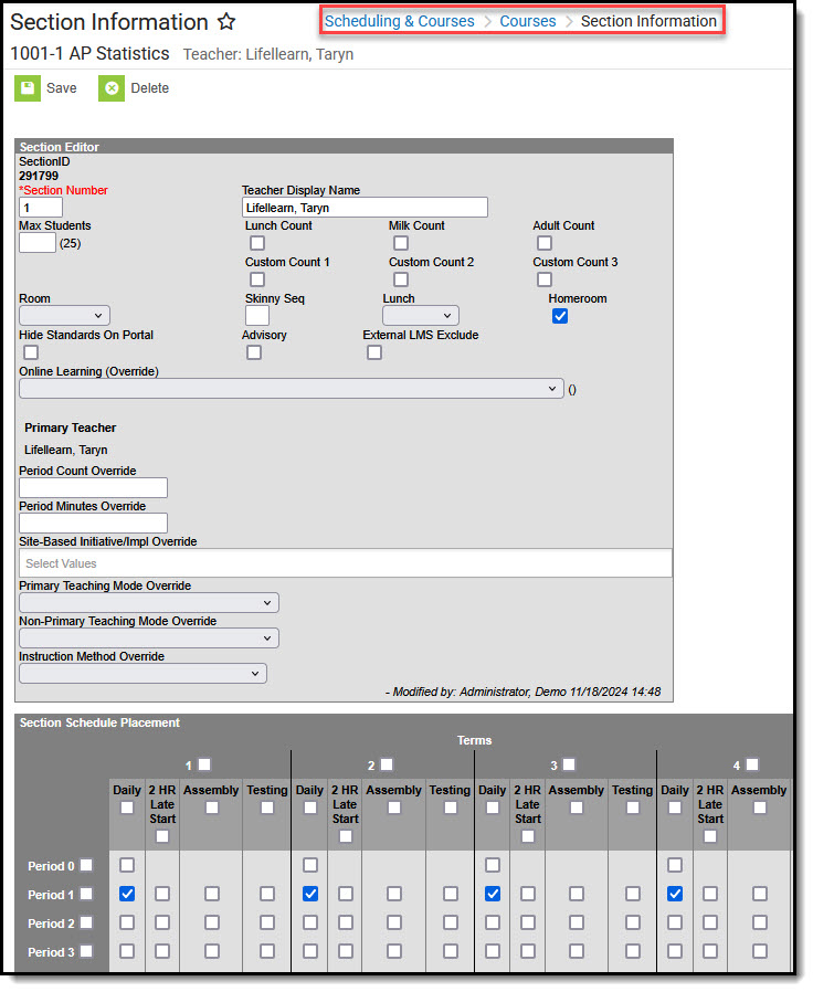 Screenshot of Section Information tool.