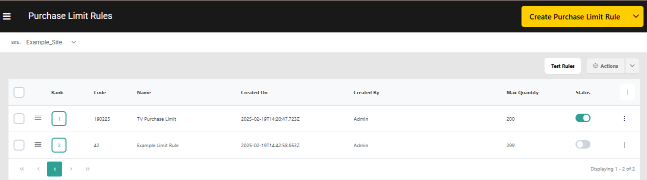 The purchase limit rules dashboard