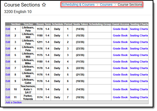 Screenshot of Course Sections tool.