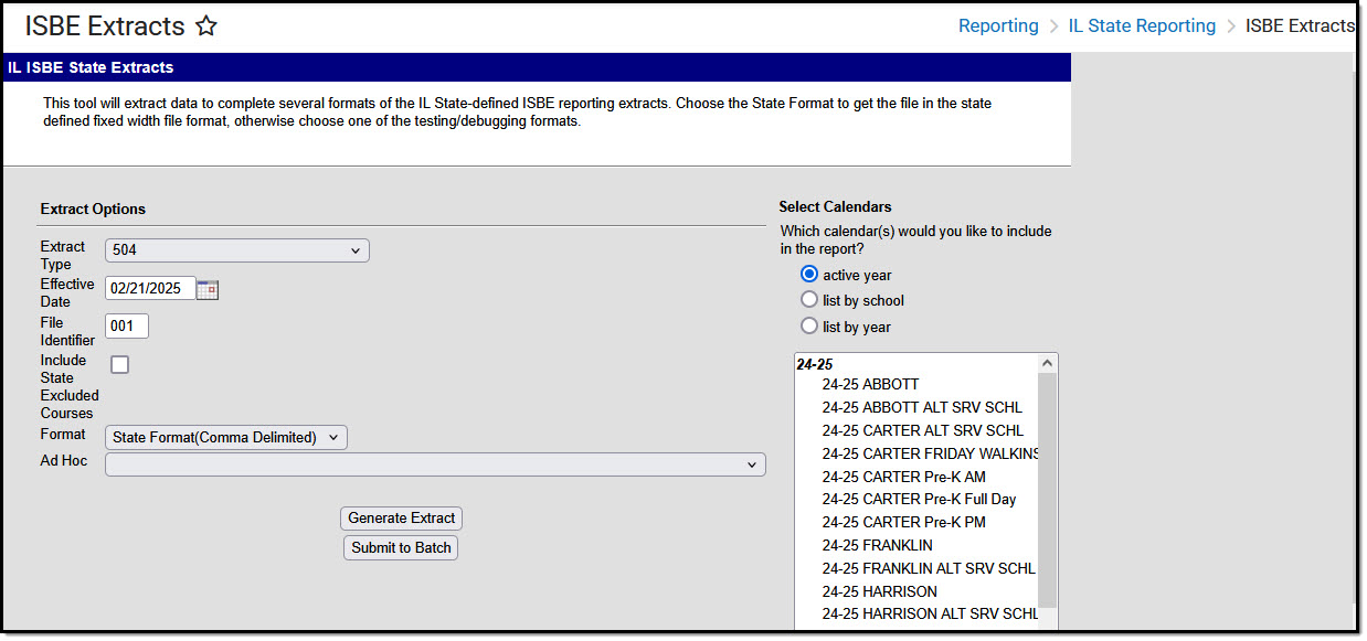 Screenshot of the ISBE Section 504 Extract Editor.