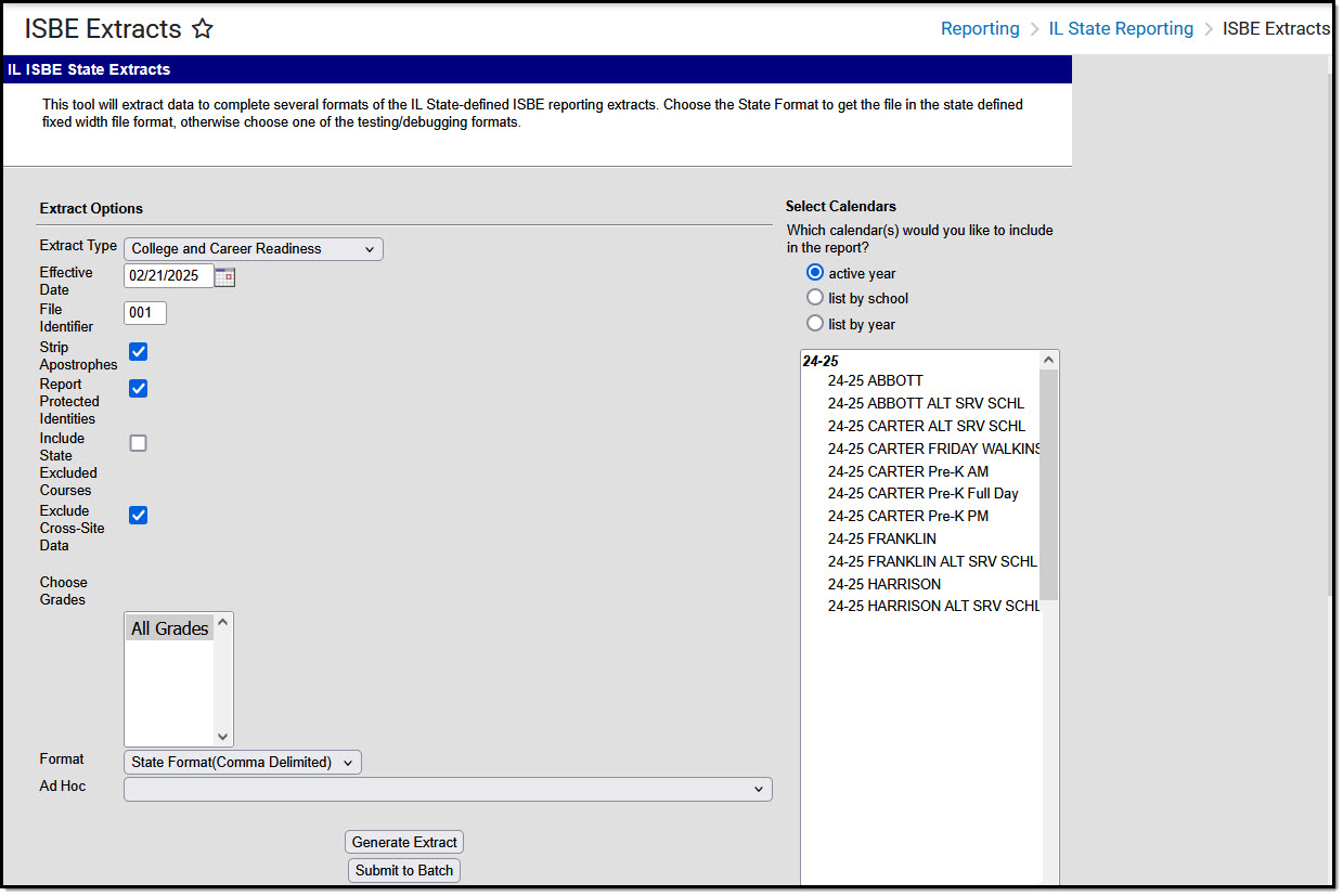 Screenshot of the ISBE College and Career Reading Extract Editor.