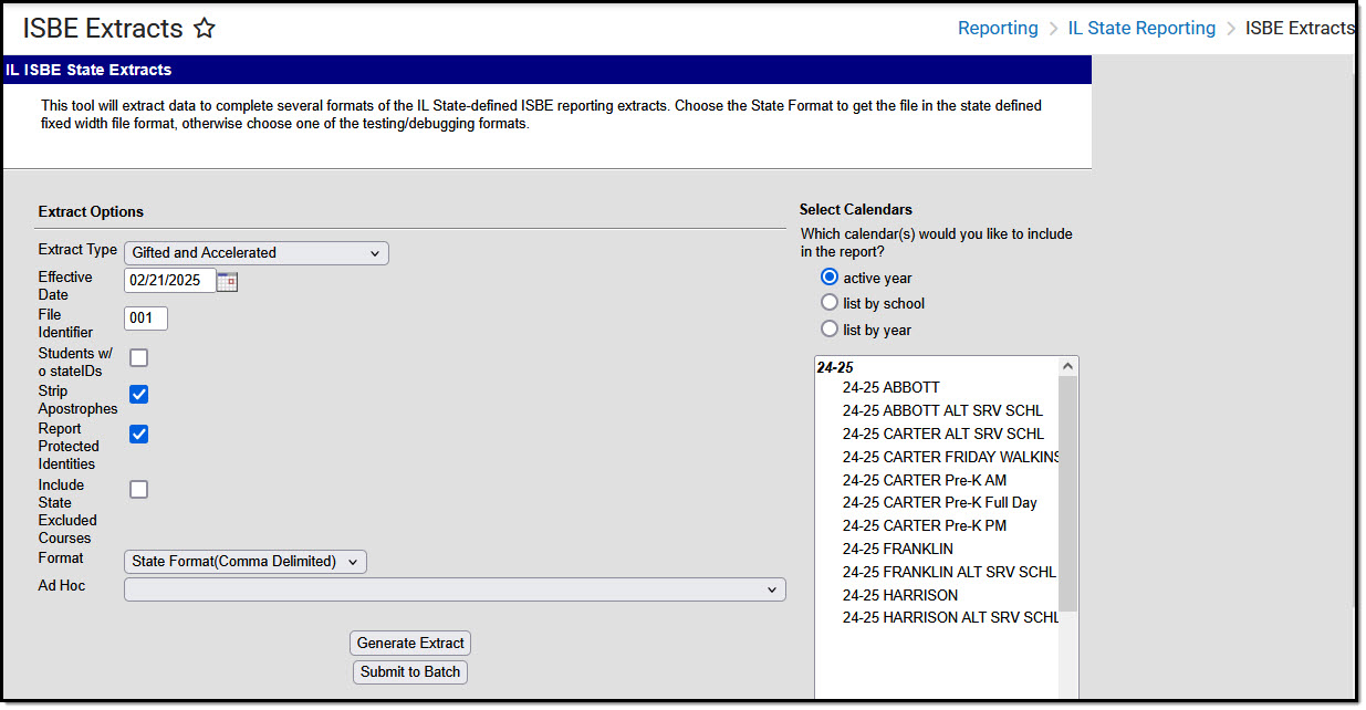 Screenshot of the ISBE Gifted and Accelerated Extract Editor