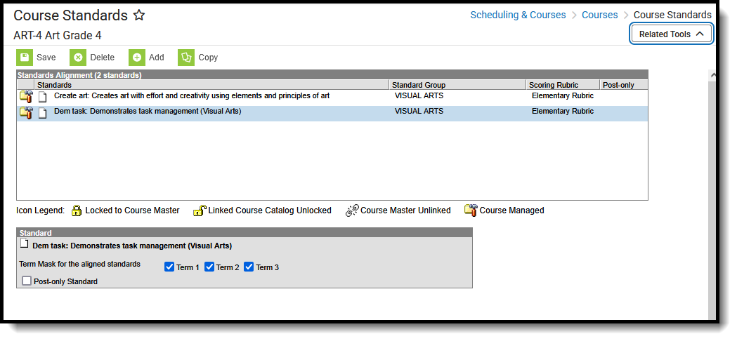 Screenshot of the Course Standards tool, located at Scheduling & Courses, Courses.