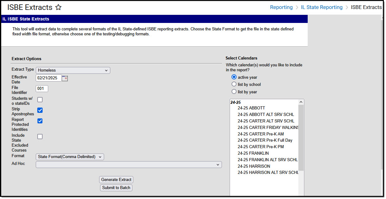 Screenshot of the  ISBE Homeless Extract Editor.