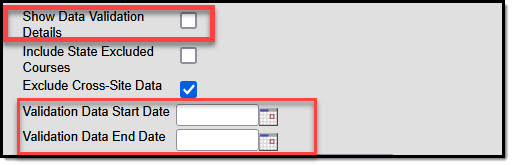 Screenshot of the Attendance Data Validation Details Fields on the extract editor