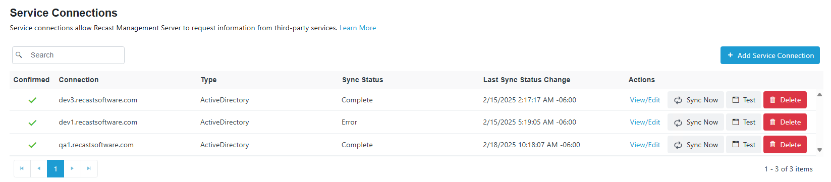 Recast Management Server - Service Connections page