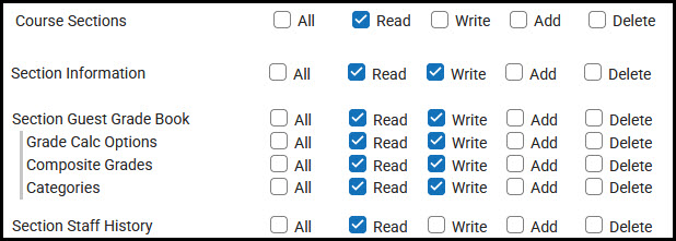 Screenshot of the tool rights outlined for Course Sections in Available Tool Rights.