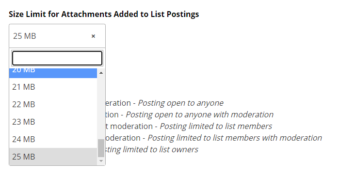 Screenshot of size limit for attachments, up to 25 MB.