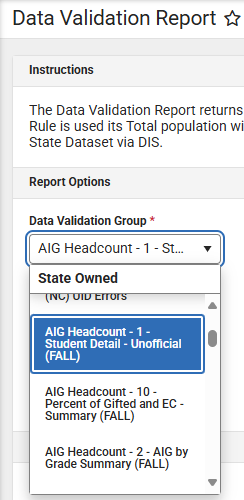 Validation report dropdown list selecting the Unofficial fall detail