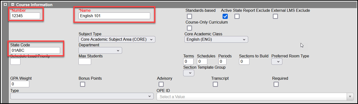 Screenshot of the Number, Name, and State Code fields on the Course Information tool.