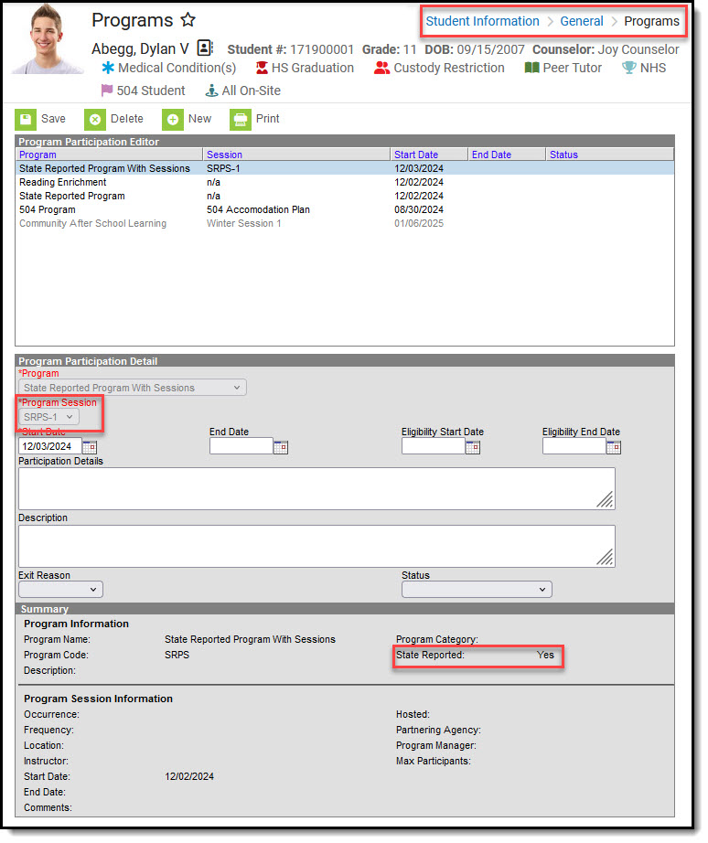 Screenshot of a student's Programs tool and program participaiton editor with detail.