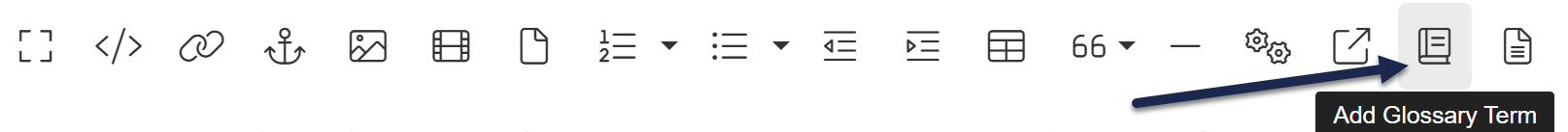 The Modern editor toolbar. An arrow points to the Add Glossary Term icon, which is a book.