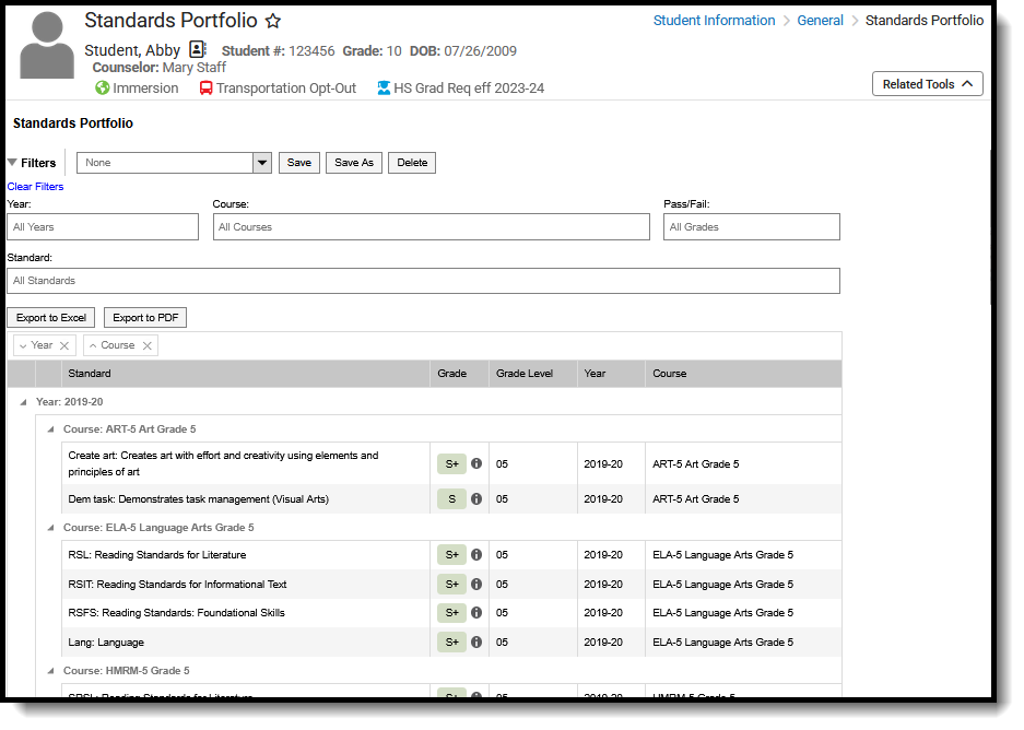 Screenshot of the Standards Portfolio for students, located at Student Information, General. 