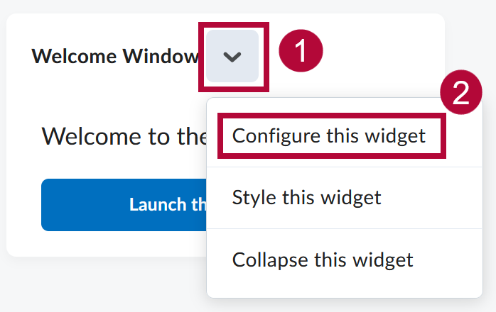 > D2L Brightspace widget dropdown menu expanded, showing "Configure this widget" highlighted.