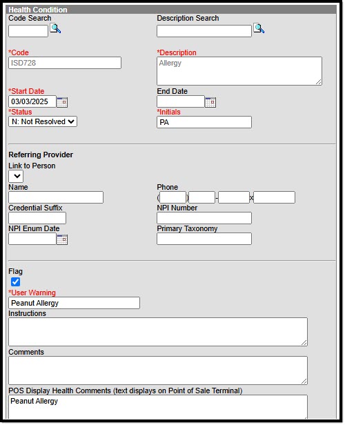 Screenshot of the Health Condition fields.
