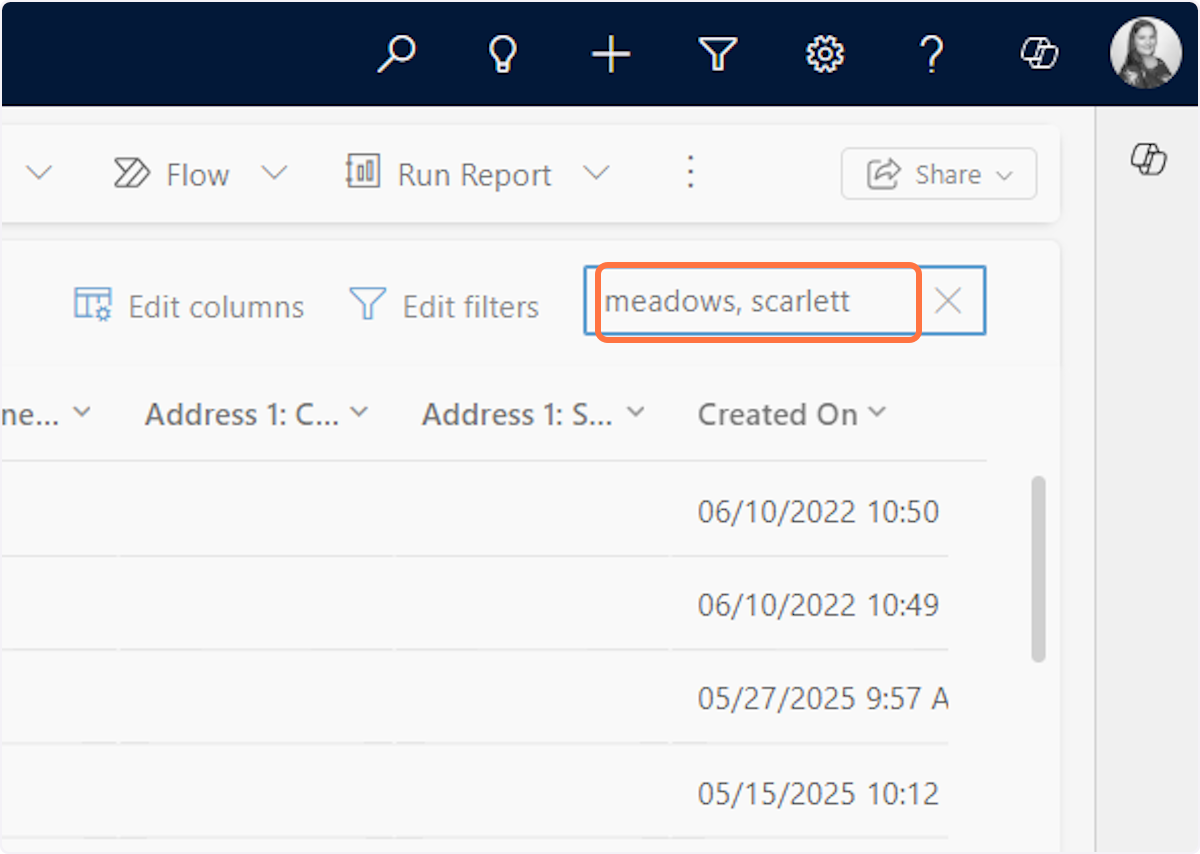 In the search field, type the last name, first name of the contact and click enter