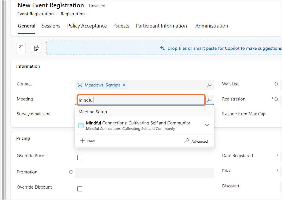 In the Meeting field start typing the name of the event