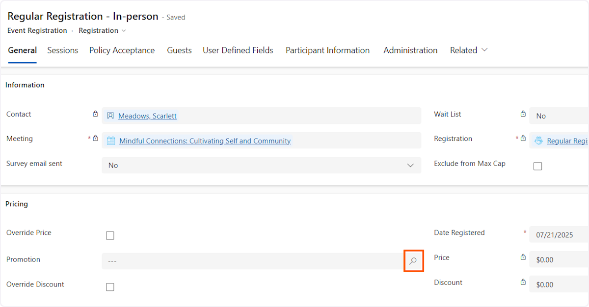 If a promo code is being used click in the Promotion field and start typing the promo code. Once it appears, select it.