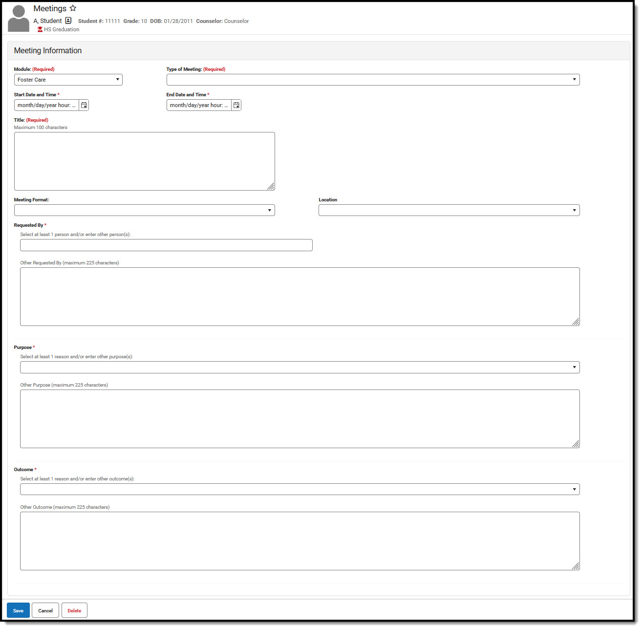 Screenshot of the Foster Care Meeting Information Editor