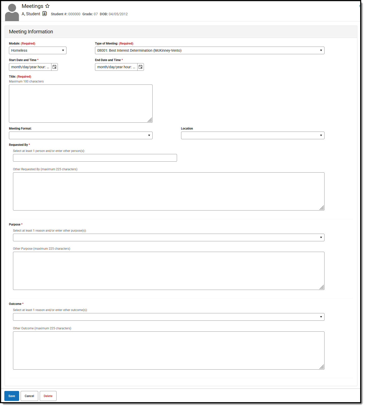 Screenshot of the Delaware Foster Care Meeting Information Editor