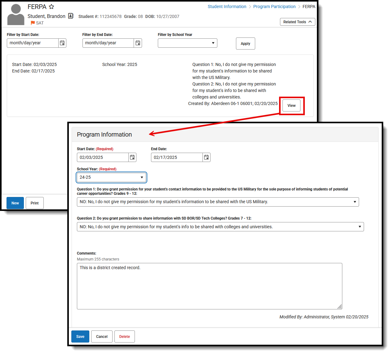 Screenshot of the FERPA Program Record, located at Student Information, Program Participation