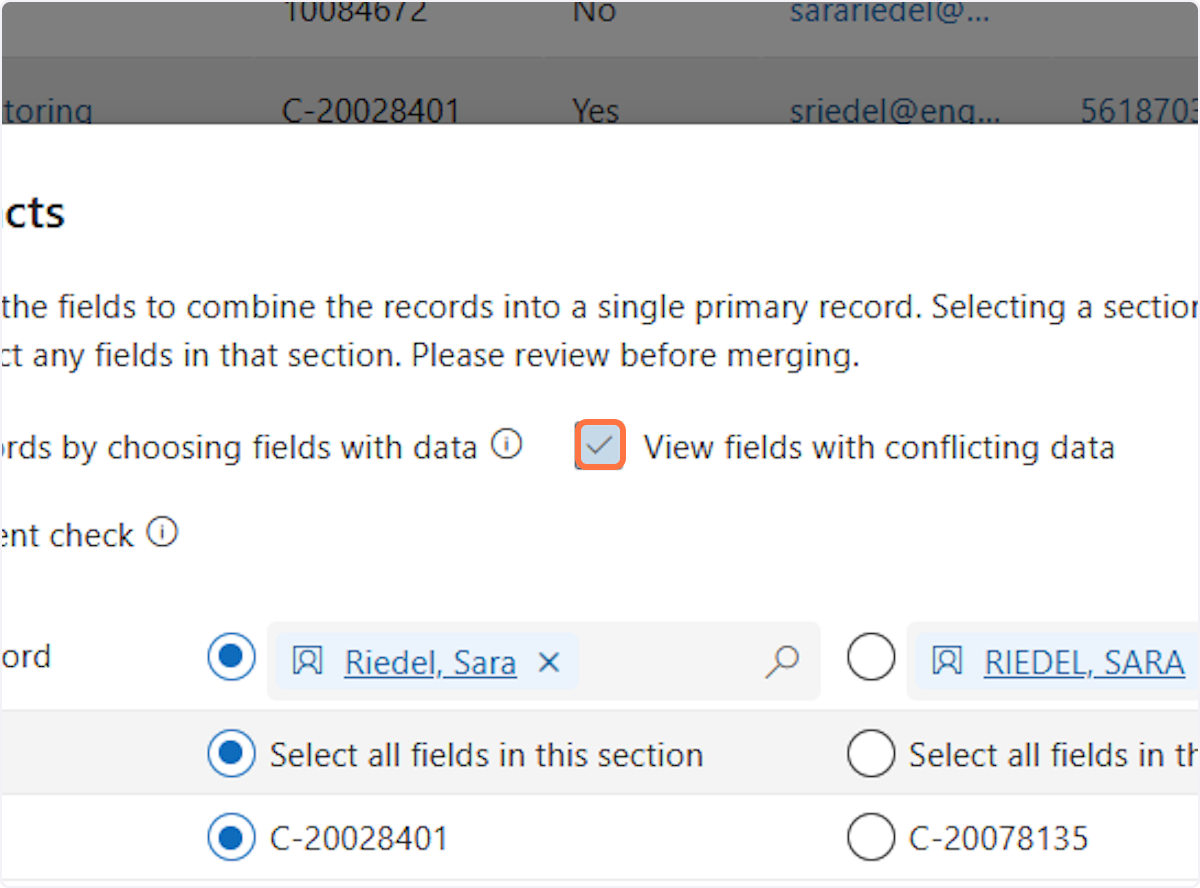 Uncheck View fields with conflicting data