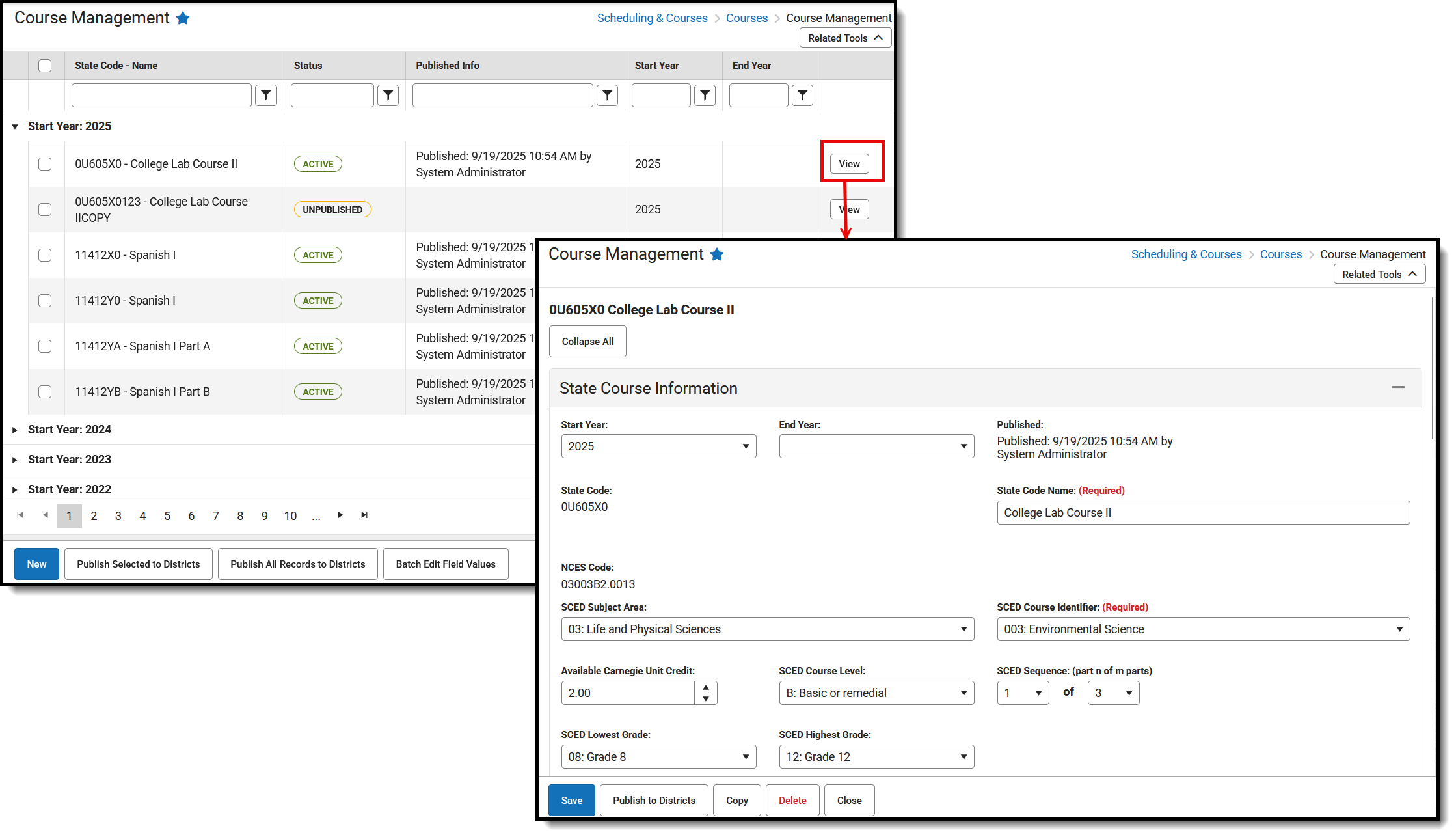 Screenshot of the Course Management tool, located at Scheduling & Courses, Courses. 