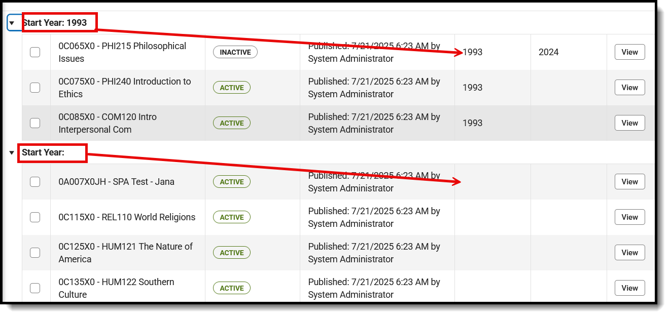 Screenshot of the Course Management tool, showing the Start Year added for some codes and not others.