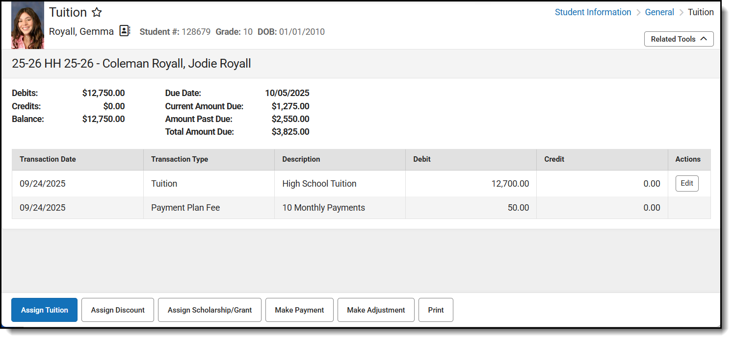 screenshot of a student's tuition within student information