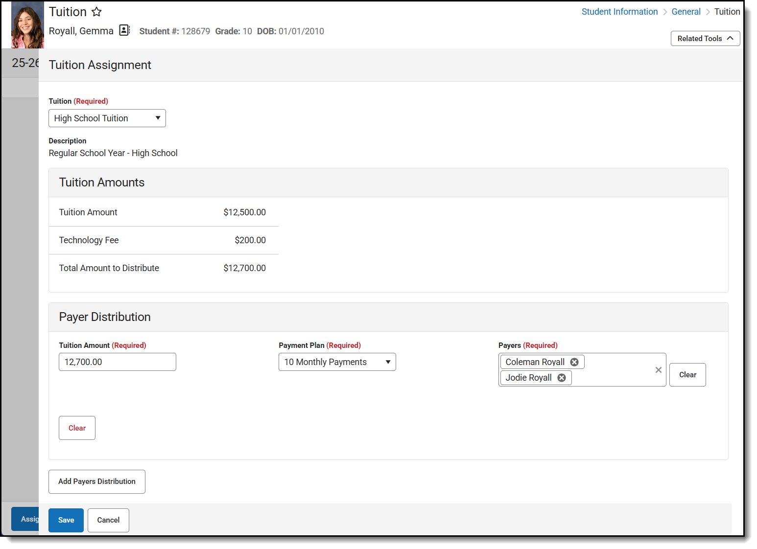 screenshot of tuition assignment fields and details