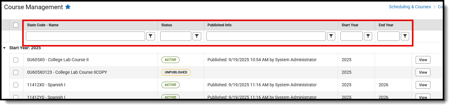 Screenshot of the Course Management search fields highlighted in red. 