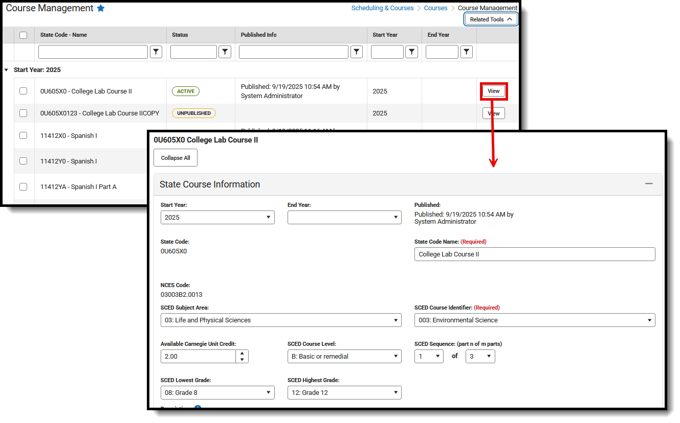 Screenshot of using the View button to access State Course Code Information.
