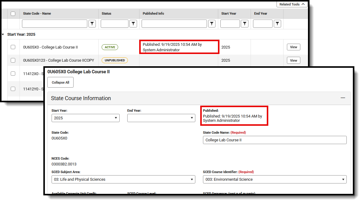 Screenshot of published detail for a state code. 