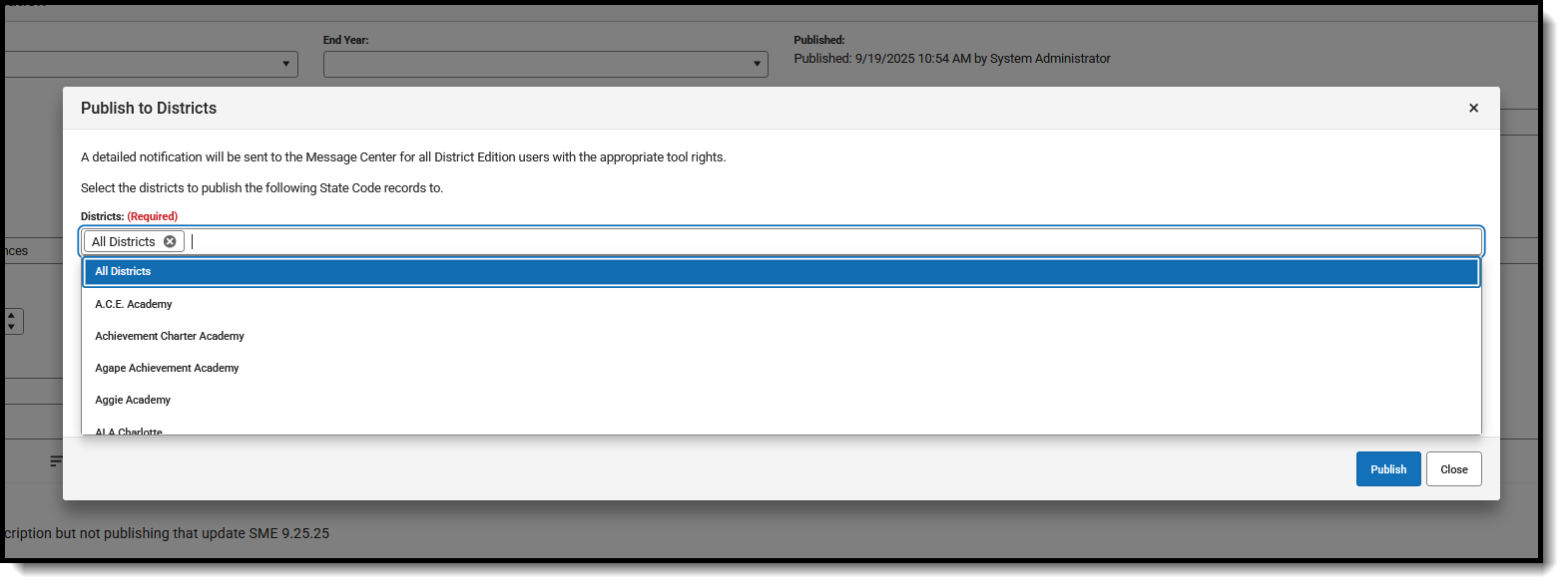 Screenshot of the Publish to Districts pop-up message indicating notifications are sent to the Message Center