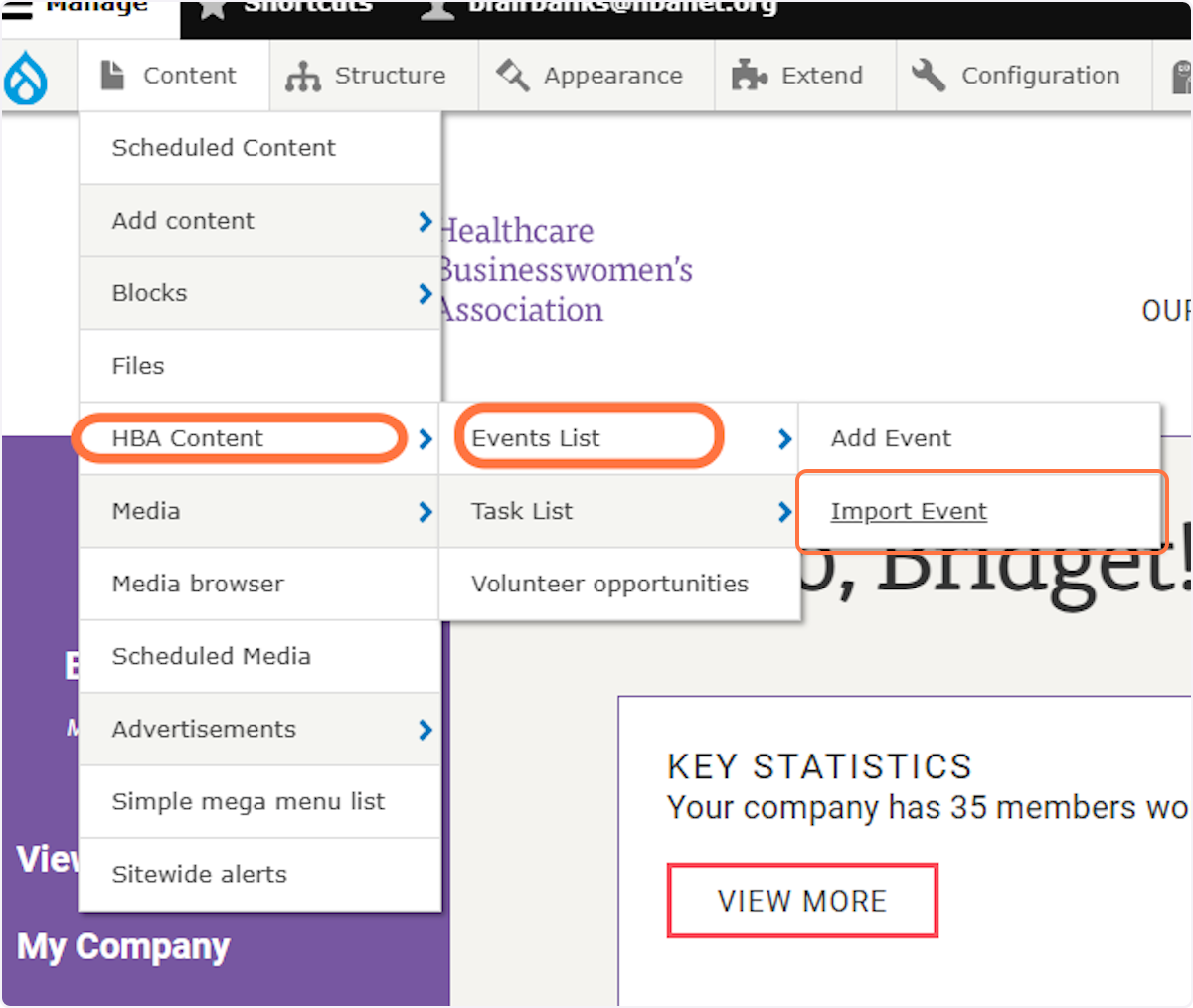 Click on the Drupal Menu and select HBA Content -> Events List -> Import Event