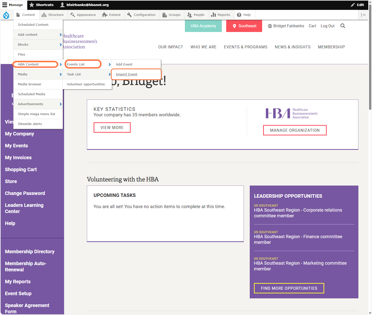 Click on the Drupal Menu and select HBA Content -> Events List -> Import Event