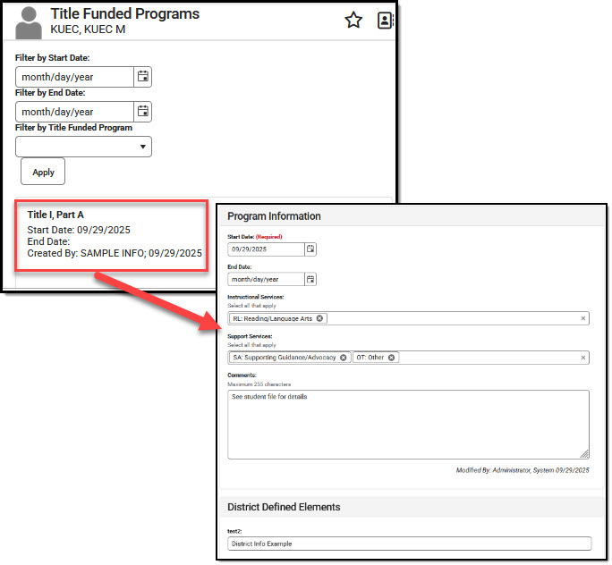 Screenshot of a Title I Part A record summary and details including district defined elements.