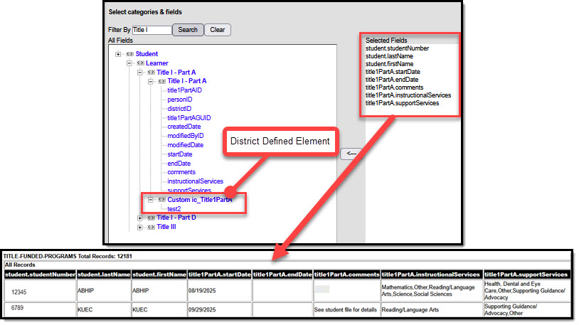 Screenshot of a sample Ad hoc filter for Title I, Part A with District Defined Element fields highlighted.
