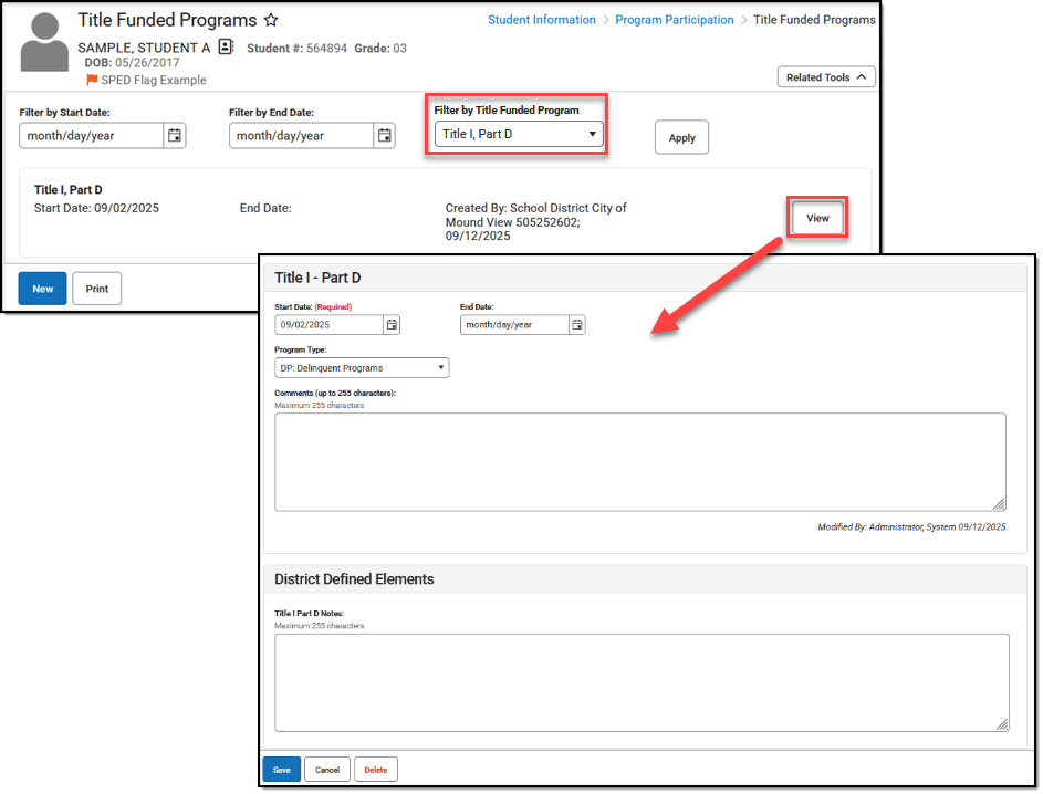 Screenshot of Title Funded Programs tool in a filteredview with details of a selected program displaying.