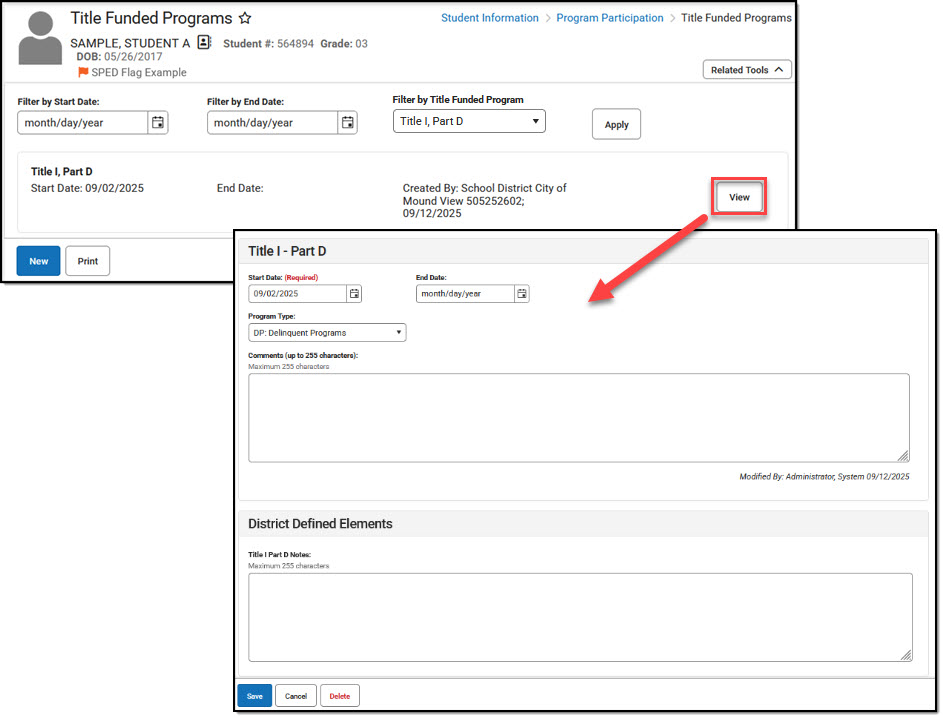Screenshot of a selected Title Funded Program record being modified.
