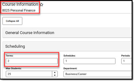 Screenshot of course information with terms highlighted.