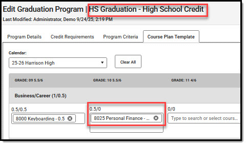 Screenshot of course plan template with course highlighted.