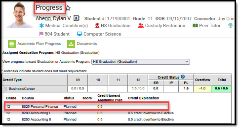 Screenshot of the Progress tool for a selected student.