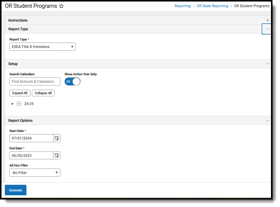 Screenshot of the OR Student Programs Report Editor, located at Reporting, OR State Reporting.