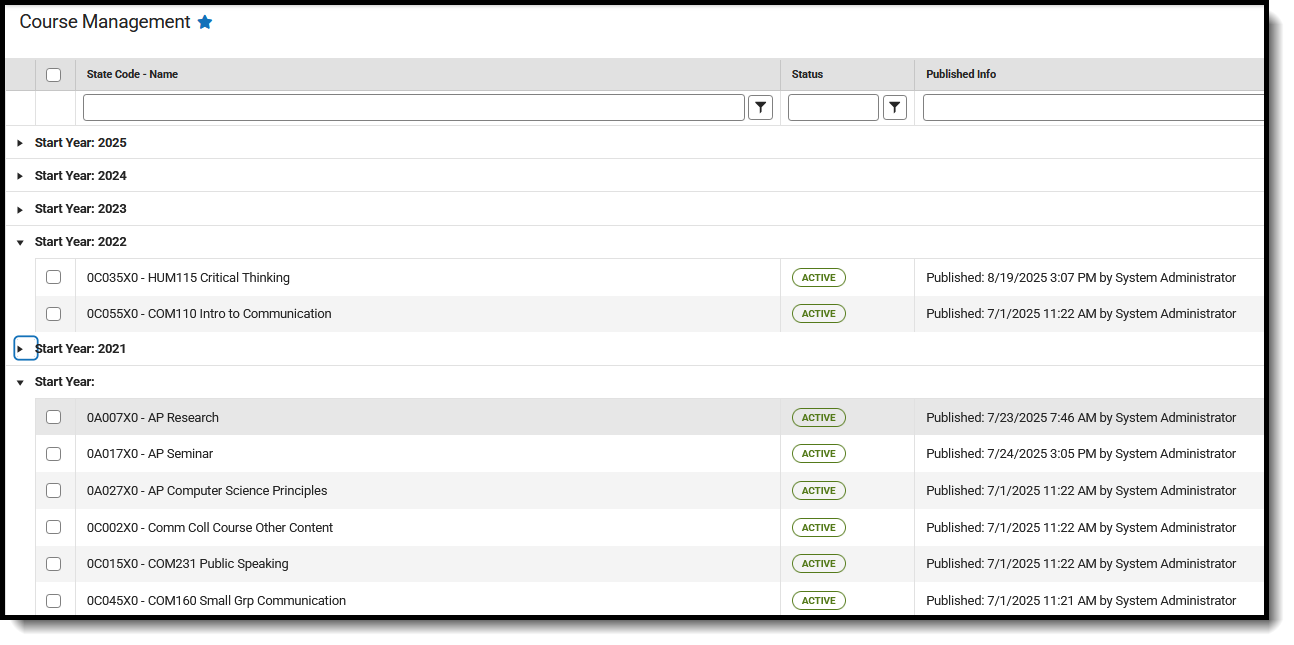 Screenshot of the course codes organized by start year, with the most recent year first. 
