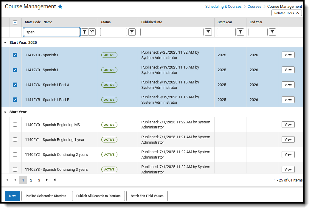 Screenshot of selected courses to update at one time. 