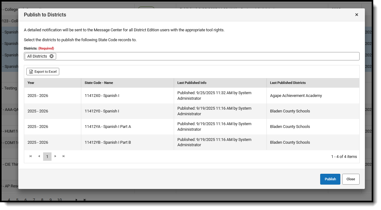 Screenshot of the Publish to Districts modal. 