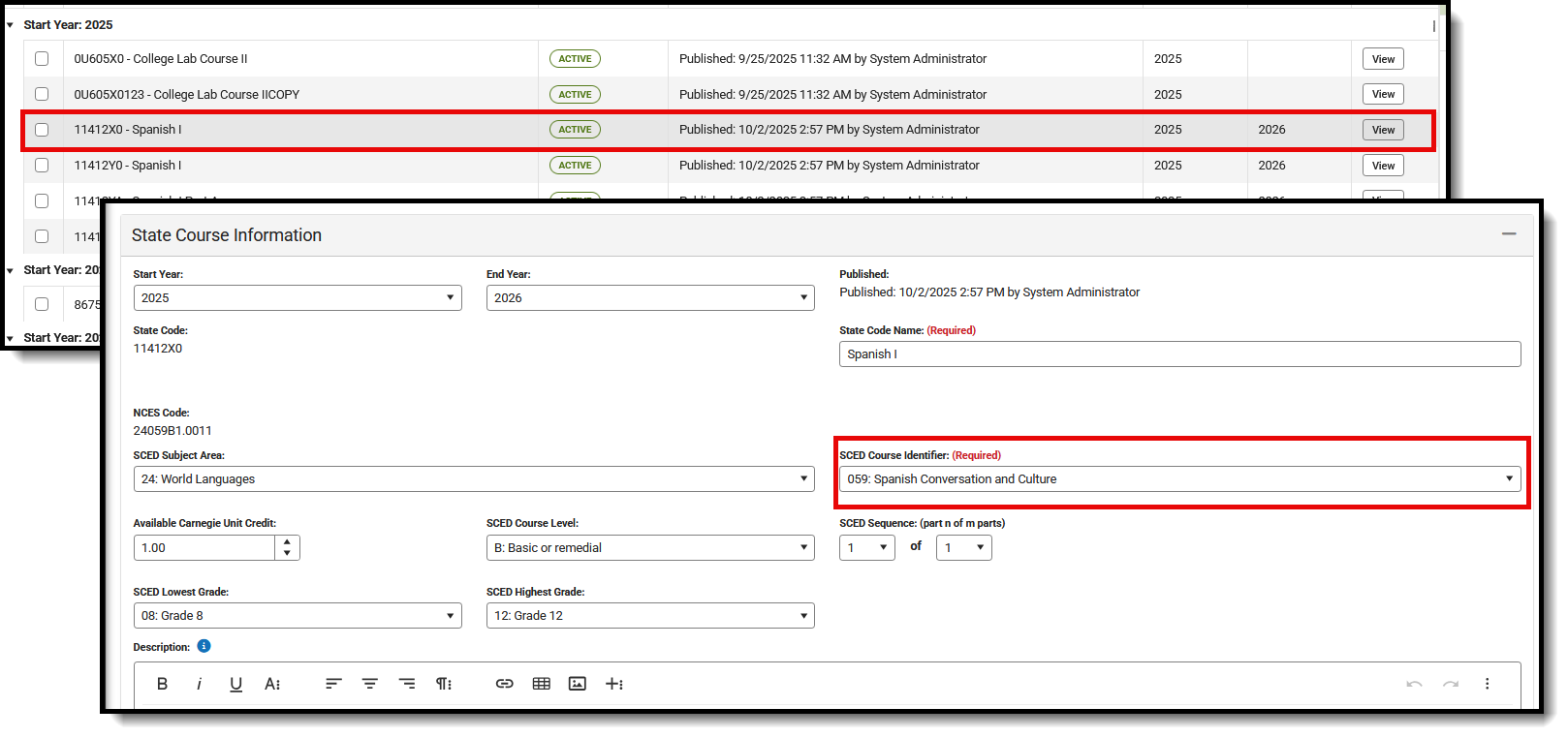 Screenshot of the updated published info values and the updated SCED Course Identifier value. 