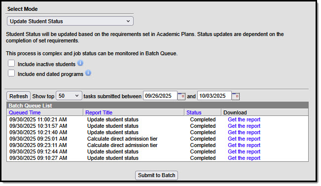 Screenshot of the tool with a mode of Calculated Update Student Status selected. 