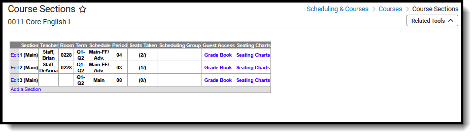 Screenshot of the Course Sections list, located at Scheduling & Courses, Courses. 